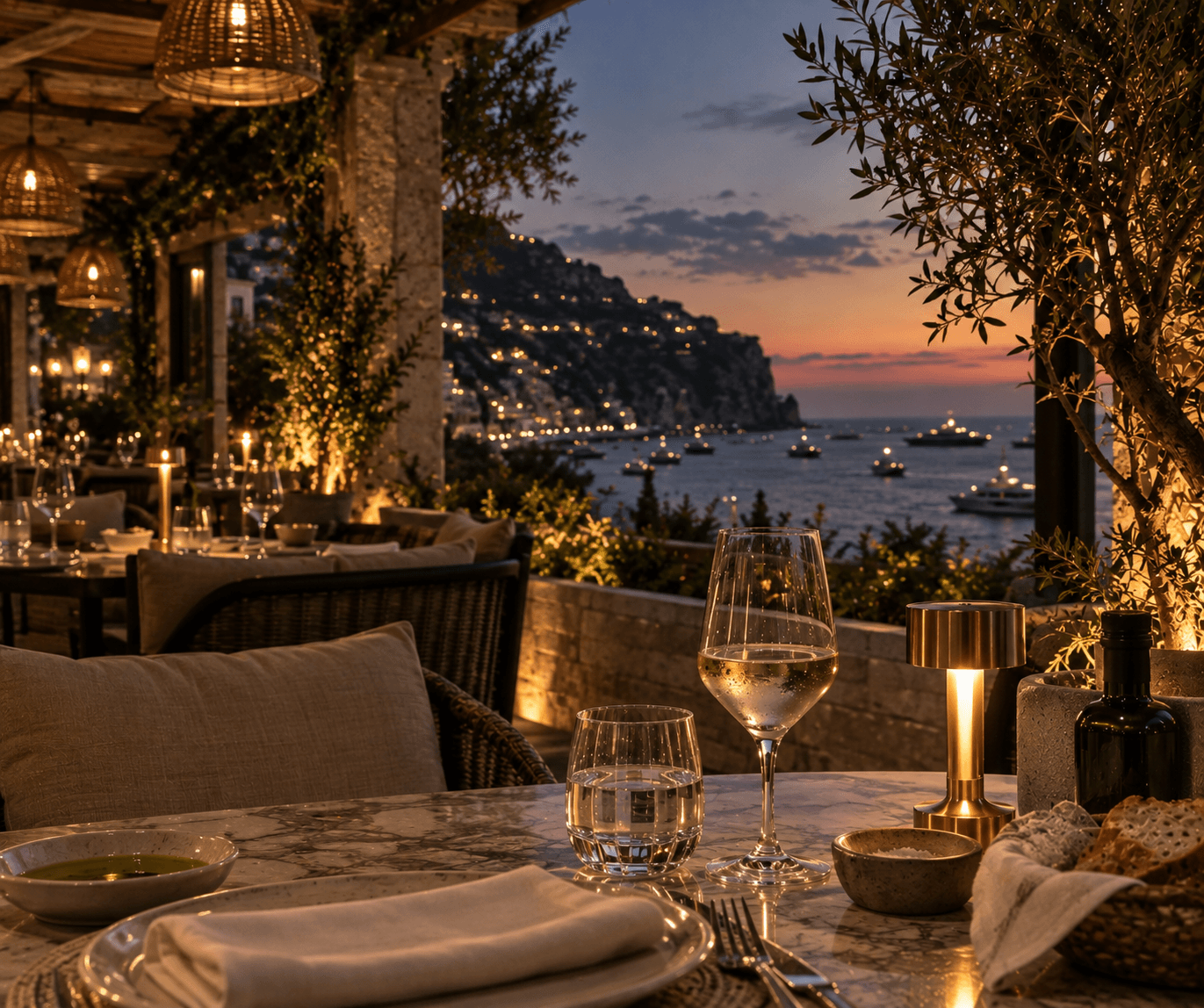 A candlelit terrace table above a coastal village at dusk