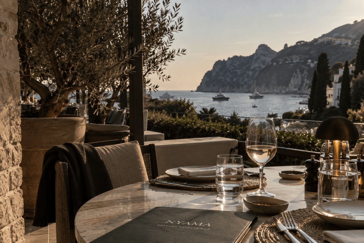 A set table on a terrace overlooking a Mediterranean bay with yachts