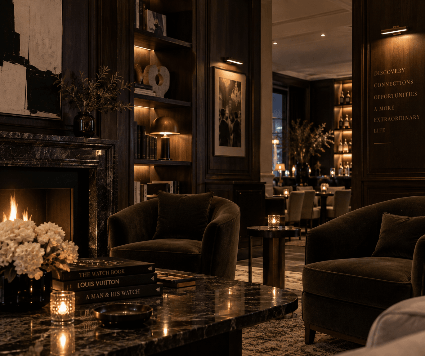 A members lounge with velvet armchairs, a fireplace and low evening light