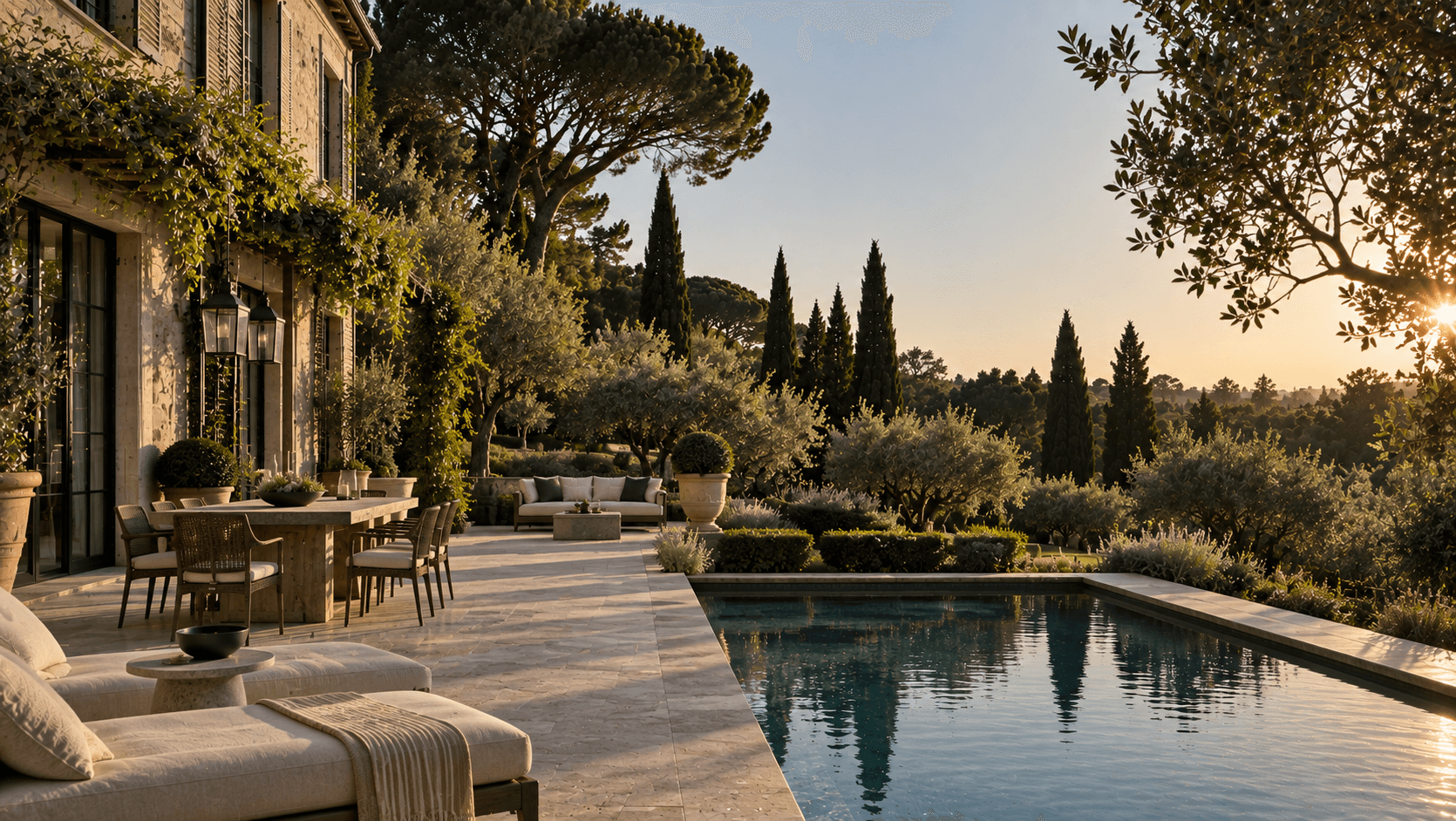 A stone estate with a pool terrace among olive trees and cypresses